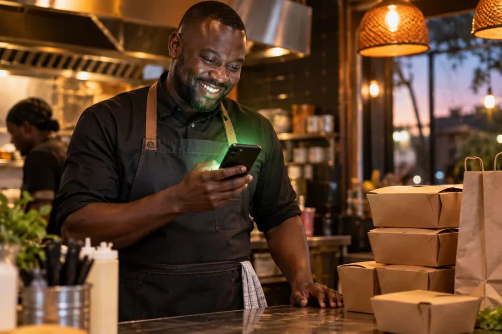 A restaurant owner smiling at a new order on his phone