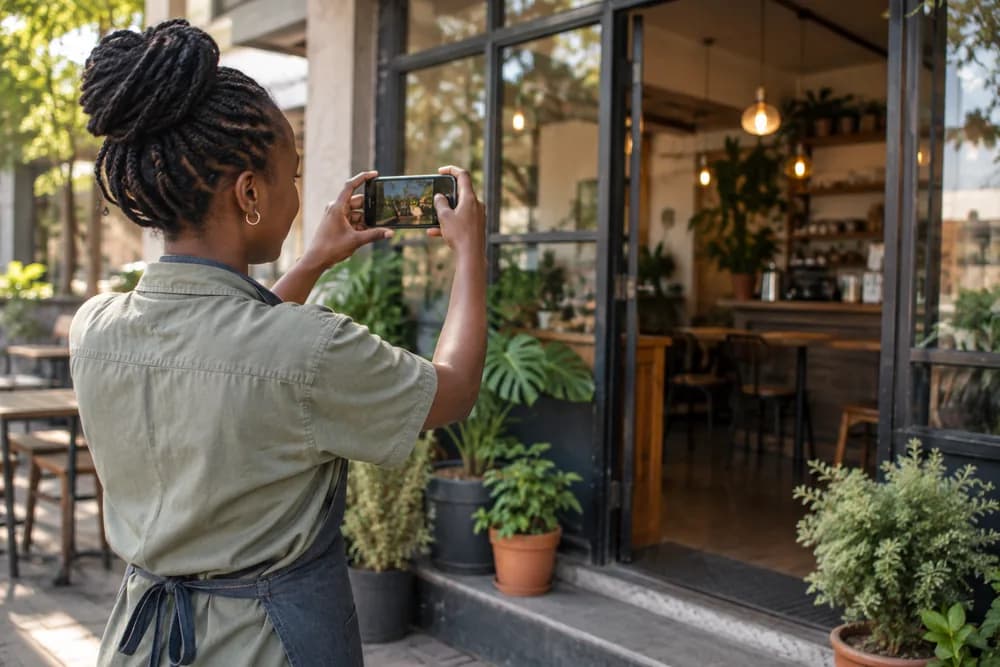 A café owner photographing her shopfront with a phone