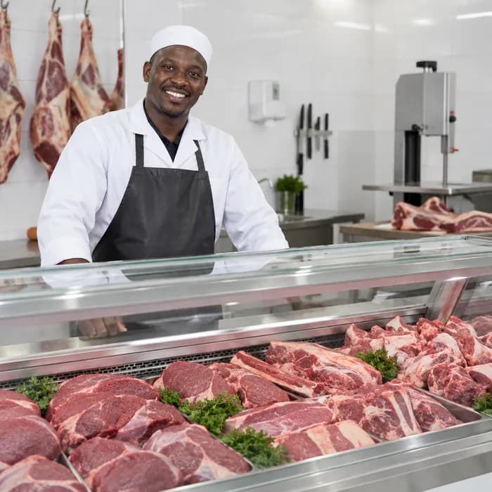 A butcher behind a display of fresh cuts