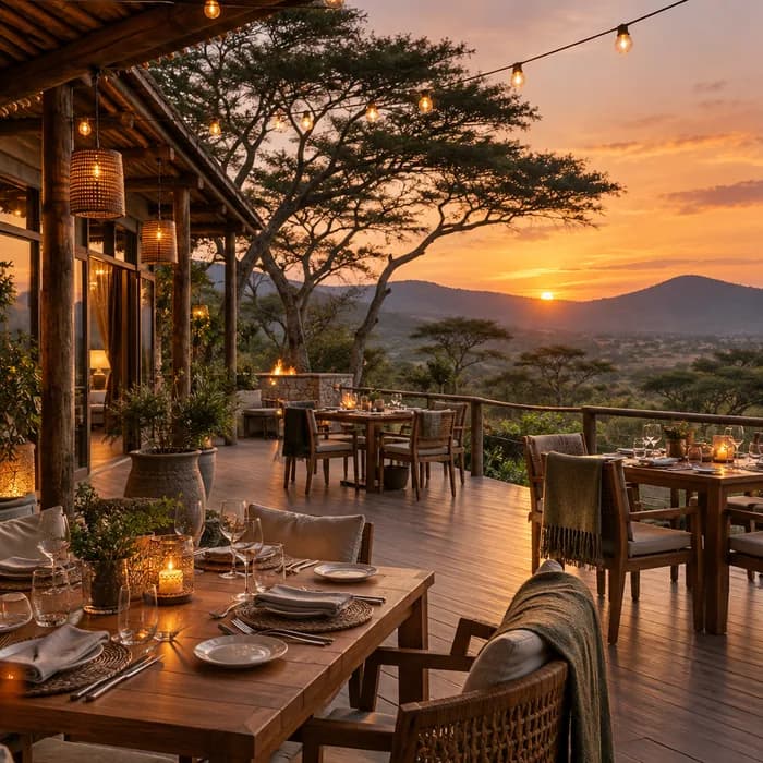 A lodge dining terrace at sunset
