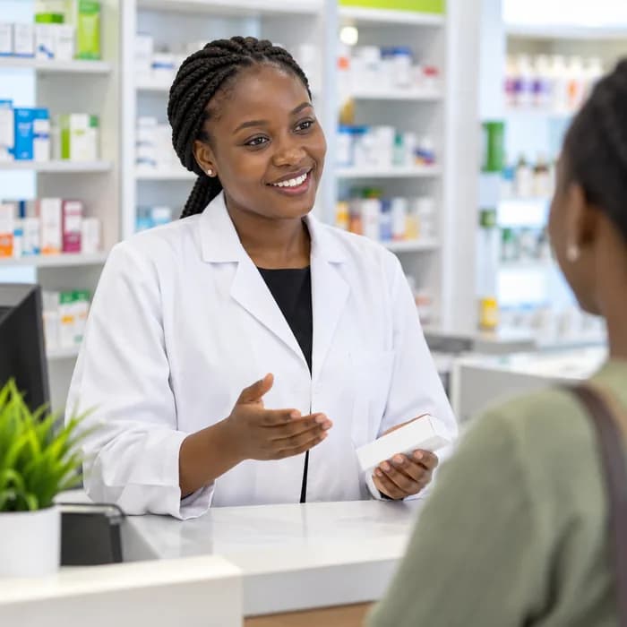 A pharmacist smiling behind the counter
