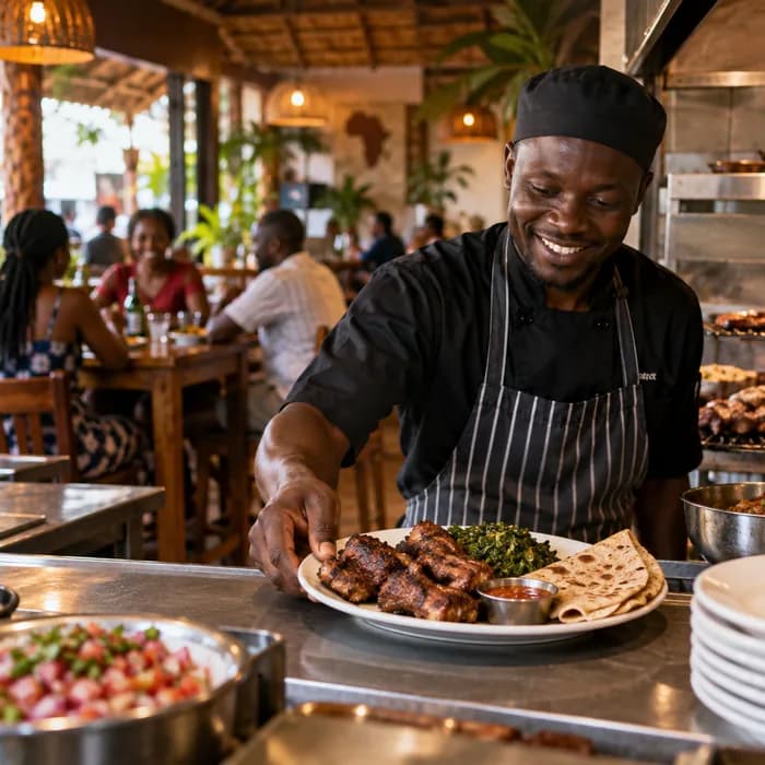 A cook plating nyama choma at a restaurant pass