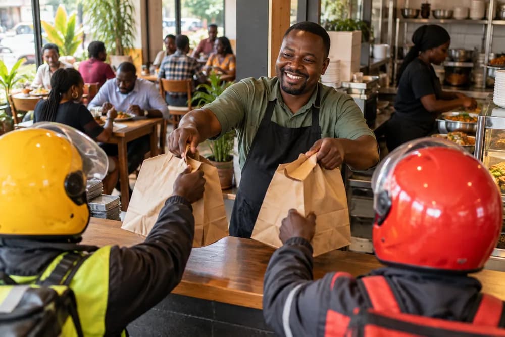A restaurant owner handing orders to delivery riders at lunchtime