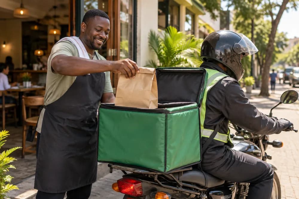 A store owner loading an order into a rider's delivery box