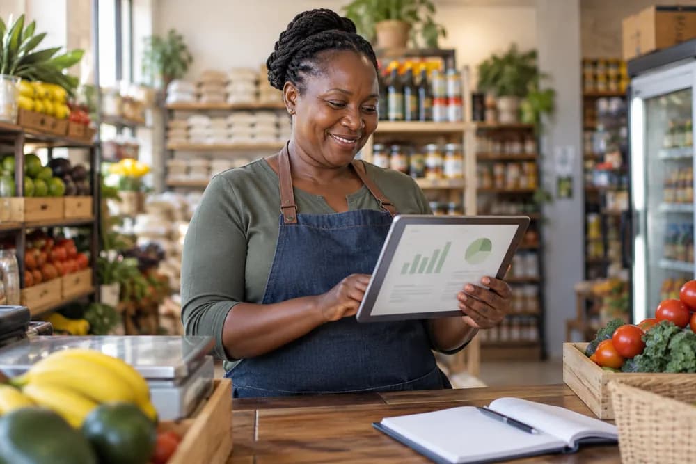 A grocery owner checking her store dashboard on a tablet