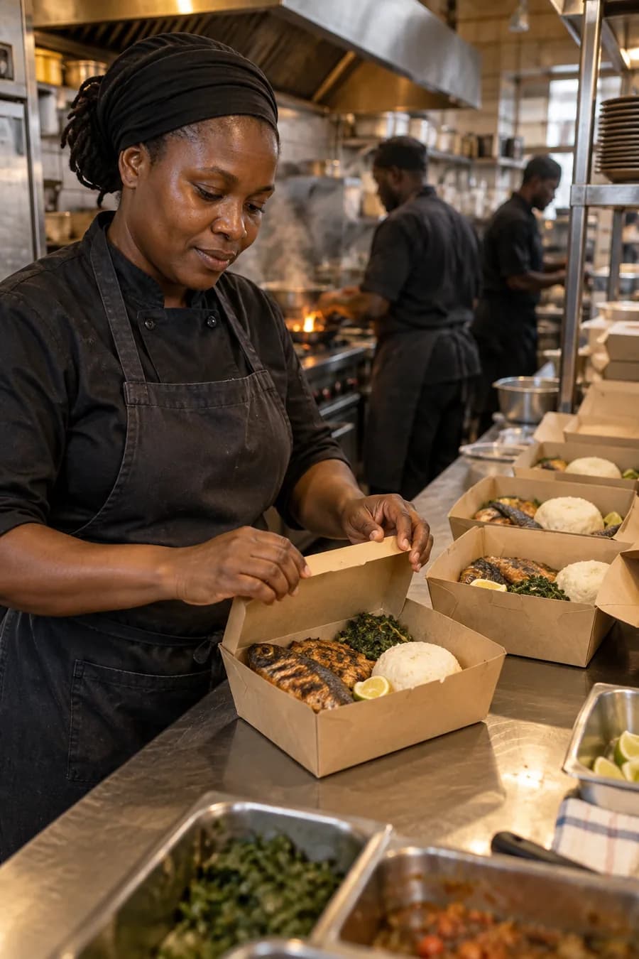 A chef packing takeaway orders in a restaurant kitchen
